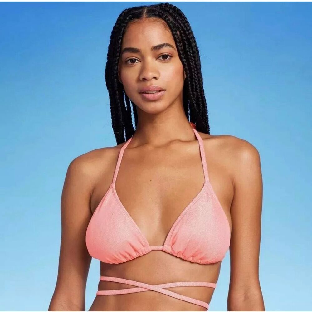 🌸 Wild Fable Pink Shimmer Wrap Around Bikini Halter Top Size Large New